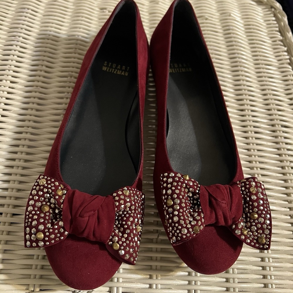Stuart Weitzman Beadybow Ballet Flats Burgundy Suede Studded Bow Womens 7N